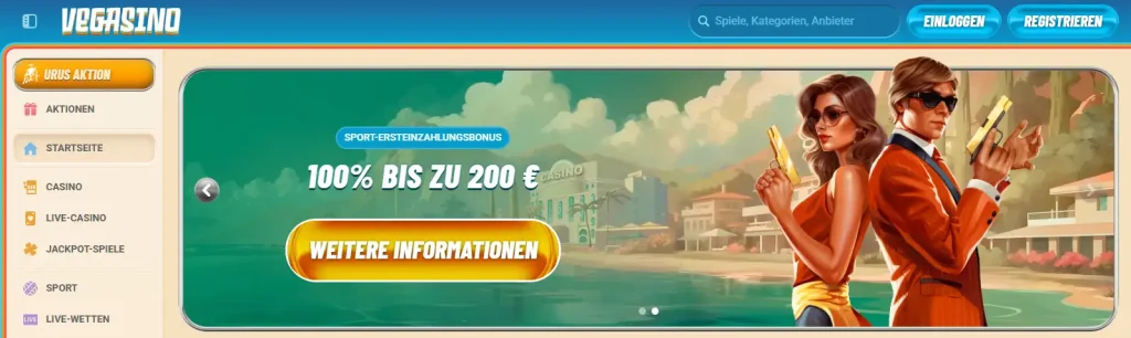 Aktuelle deutsche Vegasino Willkommensbonus-Seite mit Angebotsüberschrift und Bedingungen