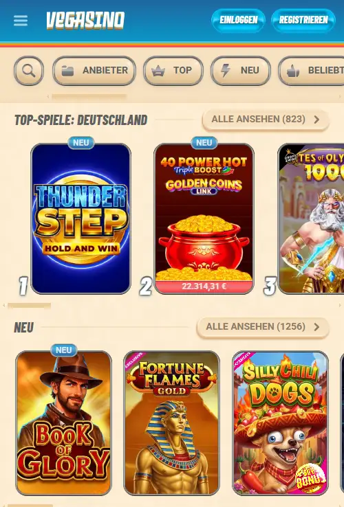 Deutsche Vegasino Startseite in einem realen mobilen Browser