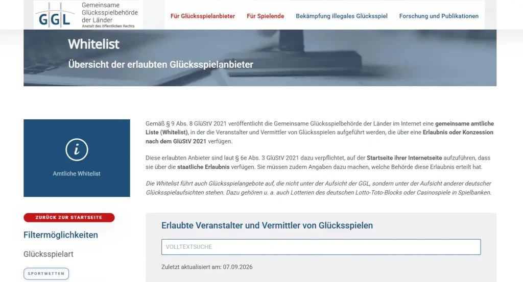 Amtliche GGL-Whitelist-Suche ohne Treffer für Vegasino