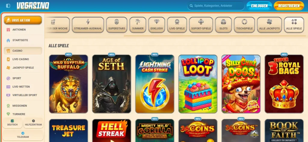 Deutsche Vegasino Spielelobby mit Kategorien und sichtbaren Spielkacheln