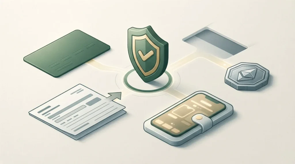 Illustrative Auswahl zwischen Karte, Banküberweisung, digitalem Wallet und Kryptowährung ohne Markenlogos