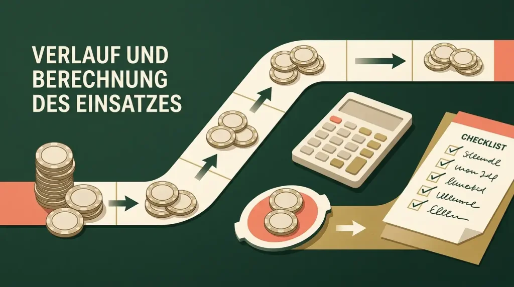 Abstrakte Darstellung einer Umsatzberechnung mit Spielmarken, Fortschrittsfeldern und Checkliste