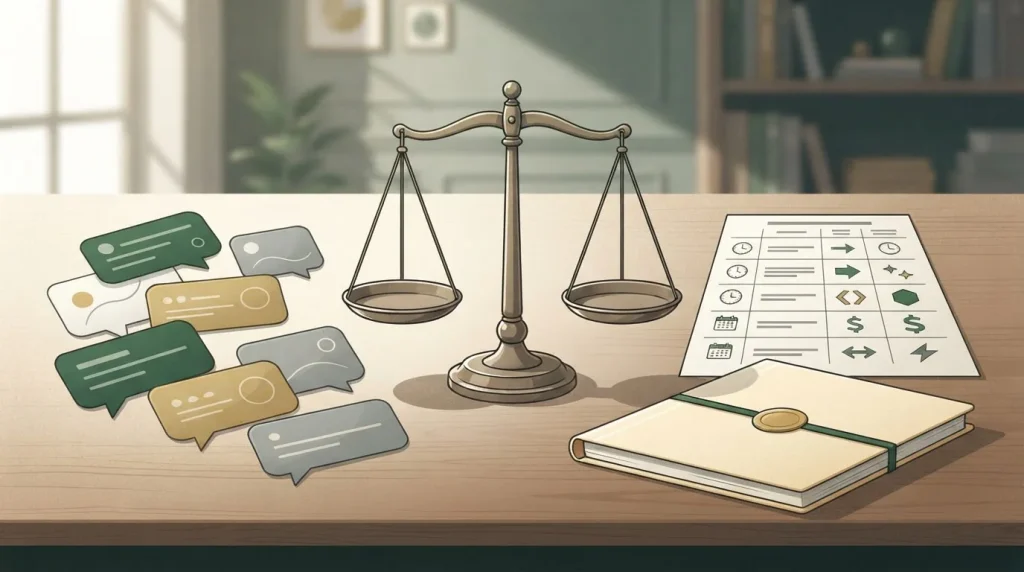 Neutrale Illustration einer Bewertungsanalyse mit Waage, Sprechkarten und Belegcheckliste