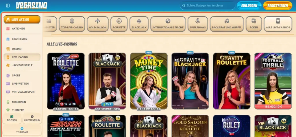 Deutsche Vegasino Live-Casino-Lobby mit realen Roulette-, Blackjack- und Game-Show-Kacheln