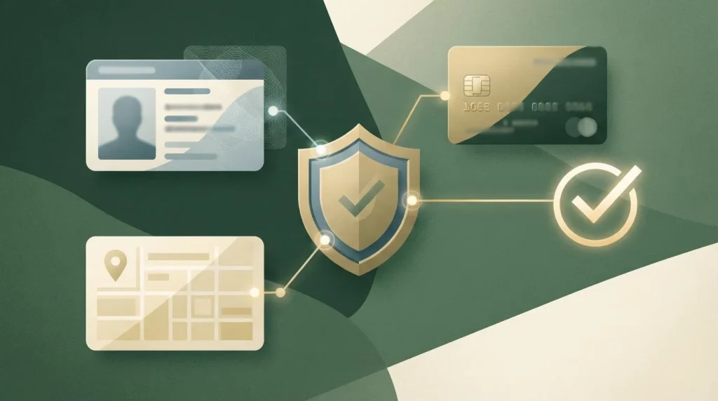 Illustrative datenschutzbewusste Identitätsprüfung mit Dokument, Schutzschild und Prüfschritten