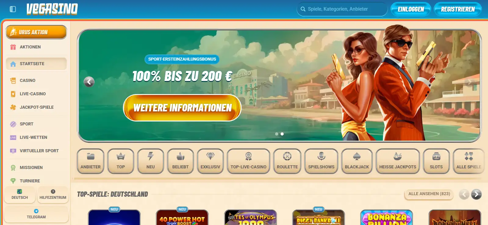 Originales Vegasino Wortlogo aus dem Kopfbereich der deutschen Website