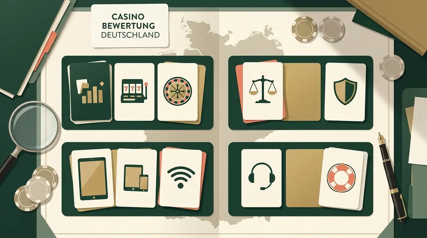 Illustrative deutsche Redaktion mit Prüfkarten für Casino, Bonus und Sicherheit