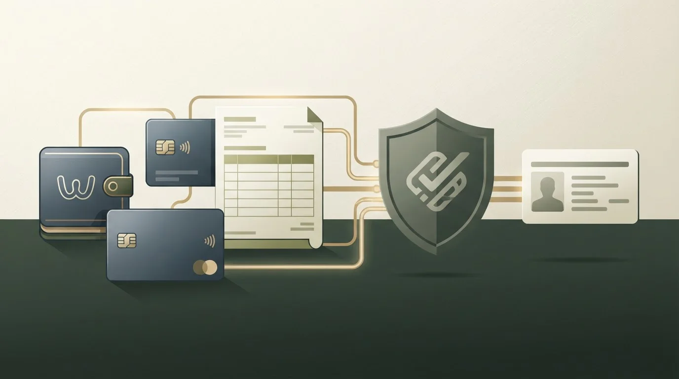 Illustrative Auswahl zwischen Karte, Banküberweisung und digitalem Wallet ohne Markenlogos